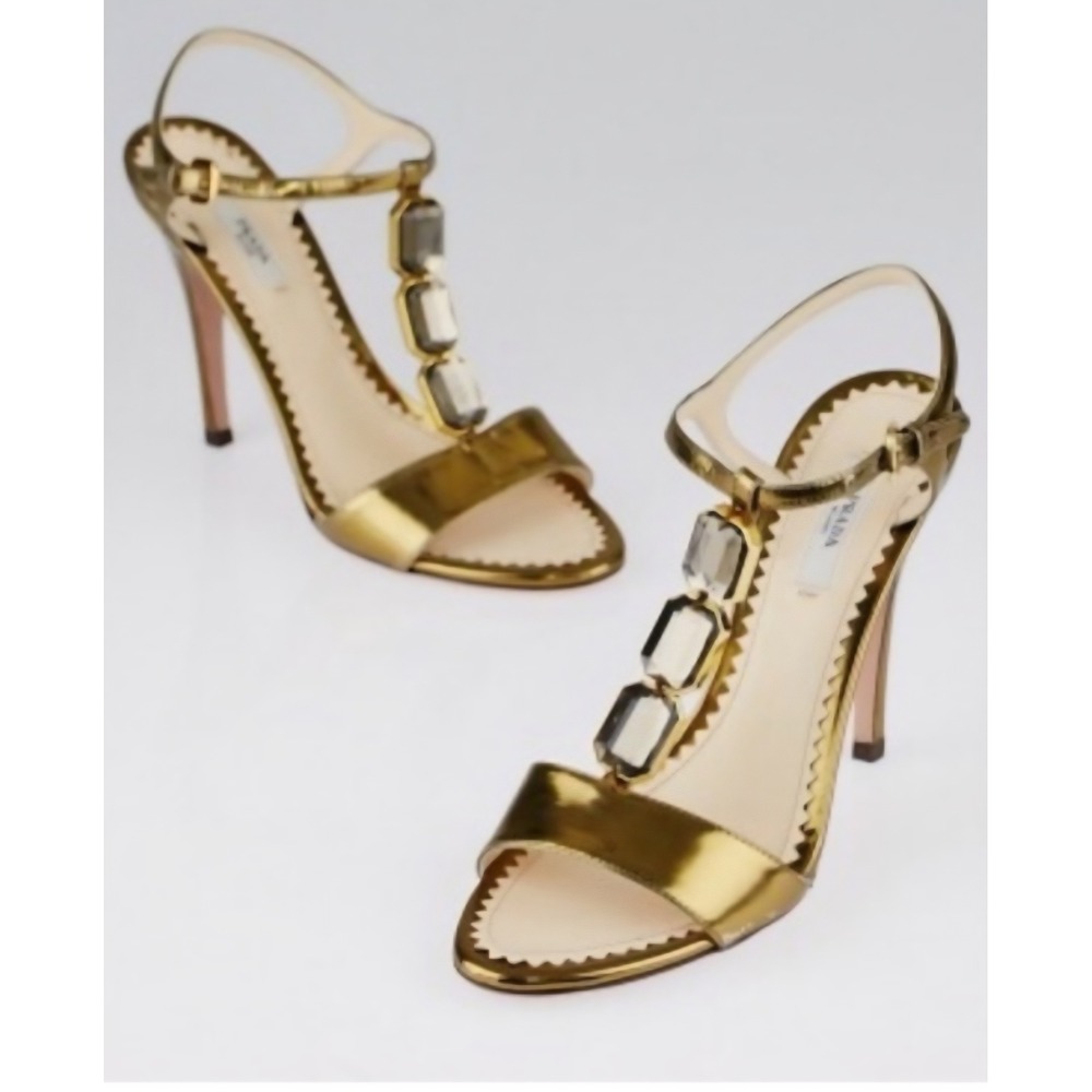 Prada Metallic Gold Leather Crystal Embellished T-Strap Stiletto Heel Sandals 39
